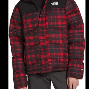The North Face Men's Black and Red Plaid Puffer Jacket